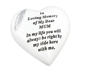 White Remembrance Heart With Silver Feather - Mum 15cm