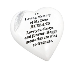 White Remembrance Heart With Silver Feather - Husband 15cm
