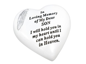 White Remembrance Heart With Silver Feather - Son 15cm