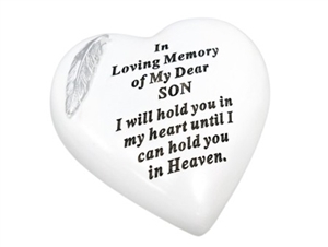 White Remembrance Heart With Silver Feather - Son 15cm