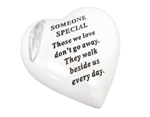White Remembrance Heart With Silver Feather - Someone Special 15cm