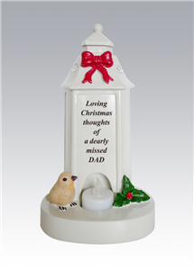 'Dad' Memorial Flickering Christmas Lantern With Robin And Holly Design