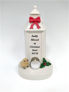 'Mum' Memorial Flickering Christmas Lantern With Robin And Holly Design