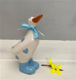 DUE MID JANUARY Medium Ceramic Polka Dot Duck 14cm - Blue Hearts