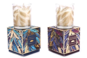 Square Boxed Gold Feather Scented Wax Candle In Glass Pot 10.5cm 2 Assorted Designs