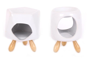 Modern Crisp White Oil Burner On 3 Wooden Legs 12cm 2 Assorted Designs