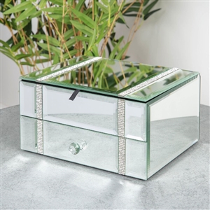 Mirror Glass Diamante Jewellery Box With Draw 20cm