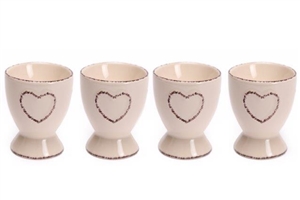 Set Of 4 Shabby Chic Cream Ceramic Hand Drawn Heart Egg Cups 6.5cm