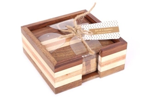 Set Of 4 Striped Natural Mango Wood Square Drink Coaster Set With Holder 12cm