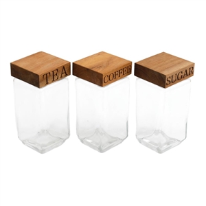 3asst Glass Tea/Coffee/Sugar Jar With Wood Lids 19cm