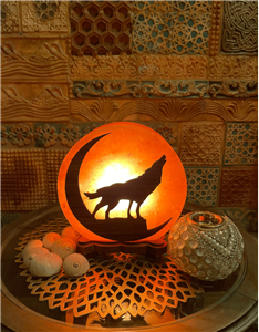 Himalayan Salt Lamp with Wooden Wolf Motif 22cm