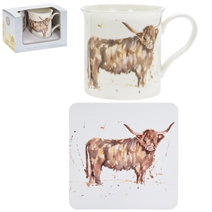 Country Life Highland Cow Mug And Coaster Set