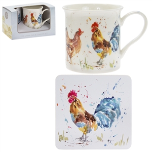 Country Life Cockerel & Hen Mug And Coaster Set