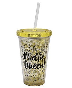 REDUCED Gold Selfie Queen Cup With Straw 16cm