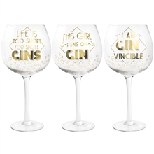 Stemmed Gin Glass With Gold Text 3 Assorted