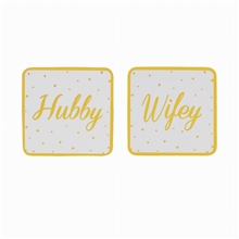 Gold Spotted Hubby And Wifey Coaster Set 11cm