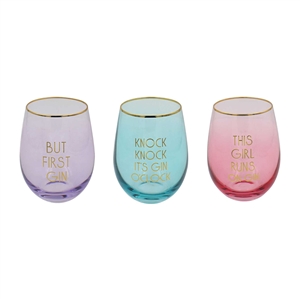 Gold Addition Coloured Stemless Gin Glasses- 3 Assorted Colours And Designs