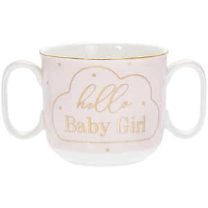 White and Pink Ceramic Double Handle Mug New Born Gift