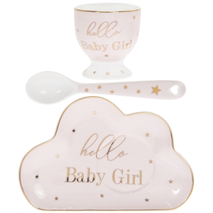 White and Pink Ceramic New Born Gift Set with a Egg Cup, Plate and a Spoon