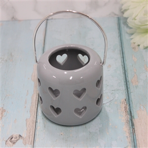 Ceramic Grey Lantern With Cut Out Hearts Design 8cm
