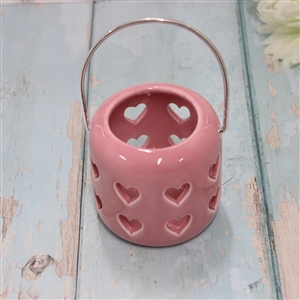 Ceramic Pink Lantern With Cut Out Hearts Design 8cm