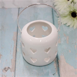 Ceramic White Lantern With Cut Out Hearts Design 10cm