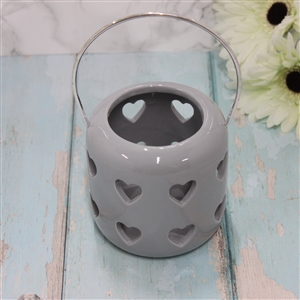 Ceramic Grey Lantern With Cut Out Hearts Design 10cm