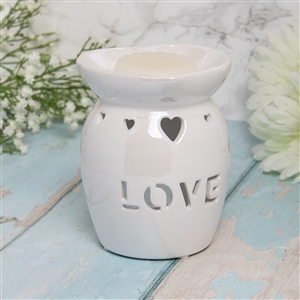 Ceramic Oil Burner / Wax Melter Cut Out Love Design - White Lustre 13cm