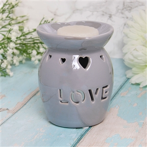 Ceramic Oil Burner / Wax Melter Cut Out Love Design - Grey Lustre 13cm