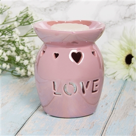 Ceramic Oil Burner / Wax Melter Cut Out Love Design - Pink Lustre 13cm