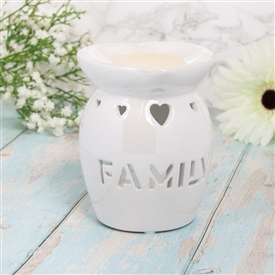 Ceramic Oil Burner / Wax Melter Cut Out Family Design - White Lustre 13cm