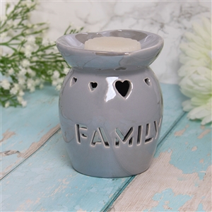 Ceramic Oil Burner / Wax Melter Cut Out Family Design - Grey Lustre 13cm