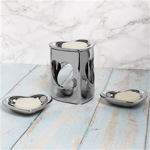 Ceramic Oil Burner / Wax Melter Heart Set - Silver 15cm