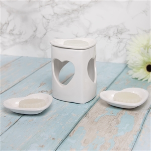 Ceramic Oil Burner / Wax Melter Heart Set - White 15cm