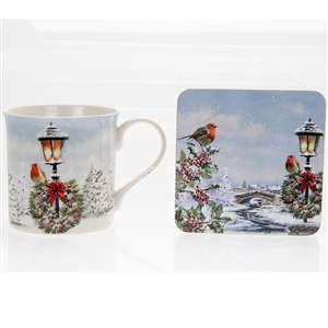 Robin On lamp Post Mug And Coaster Set 12cm