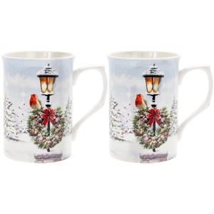 Set Of 2 Christmas Robin Mugs 11cm