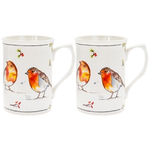 Set Of 2 Winter Robin Mugs 11cm