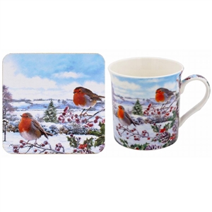 Christmas Robins Mug And Coaster Set