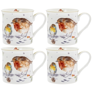 Set Of 4 Winter Robins Mugs