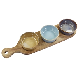 Set Of 3 Round Snack Dishes With Long Wooden Tray