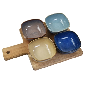 Set Of 4 Square Snack Dishes With Wooden Tray