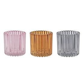 3asst Ribbed Glass Candle Holder 8cm