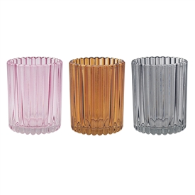 3asst Ribbed Glass Candle Holder 10cm