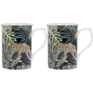 Set of 2 Orange and Green Ceramic Mugs with a Jungle Fever Design
