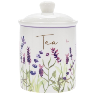White and Purple 'Tea' Canister with a Lavender Design