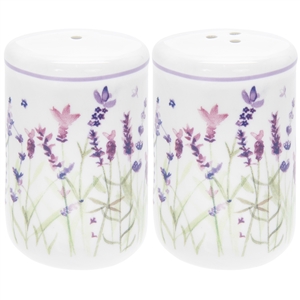 White and Purple Salt and Pepper Shakers with Lavender Design
