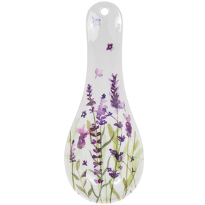 White and Green Spoon Rest with a Lavender Design