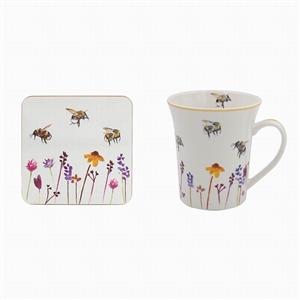 Mug and Coaster Set with Busy Bees Design