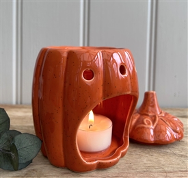 Lidded Ceramic Pumpkin Wax Burner with Speckle Finish - Orange