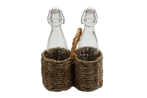 Set Of 2 Glass Bottles With Seagrass Holder 24cm